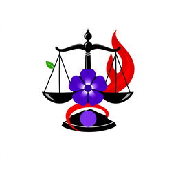 A logo design featuring a black justice scale, which symbolizes fairness and equality, adorned with vibrant green leaves that represent growth and harmony