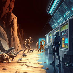 A visually fascinating poster illustrating the evolution of man from a Neanderthal in a primitive, rugged landscape to a modern human standing in a futuristic laboratory filled with advanced technology and scientific innovations