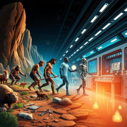 A visually fascinating poster illustrating the evolution of man from a Neanderthal in a primitive, rugged landscape to a modern human standing in a futuristic laboratory filled with advanced technology and scientific innovations