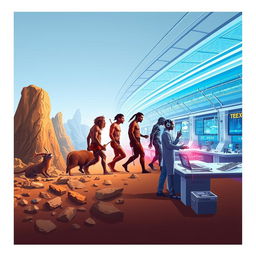 A visually fascinating poster illustrating the evolution of man from a Neanderthal in a primitive, rugged landscape to a modern human standing in a futuristic laboratory filled with advanced technology and scientific innovations