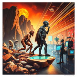 A visually fascinating poster illustrating the evolution of man from a Neanderthal in a primitive, rugged landscape to a modern human standing in a futuristic laboratory filled with advanced technology and scientific innovations