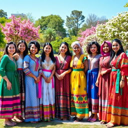 A vibrant and colorful scene depicting ten beautiful women, each showcasing distinct traditional outfits from various cultures around the world