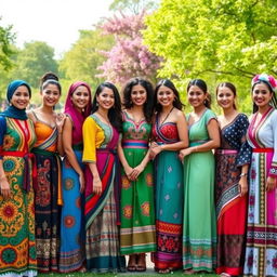 A vibrant and colorful scene depicting ten beautiful women, each showcasing distinct traditional outfits from various cultures around the world