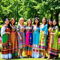 A vibrant and colorful scene depicting ten beautiful women, each showcasing distinct traditional outfits from various cultures around the world