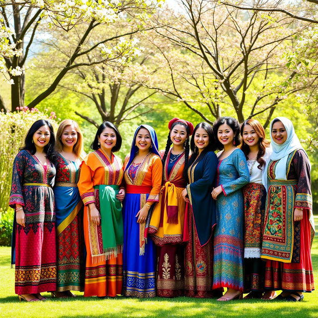 A vibrant and colorful scene depicting ten beautiful women, each showcasing distinct traditional outfits from various cultures around the world