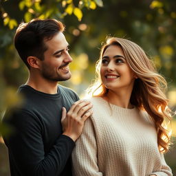 An intimate portrait of a couple, the man gently placing his hand on the woman's shoulder with a soft smile