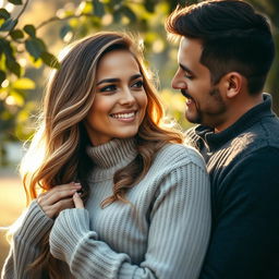 An intimate portrait of a couple, the man gently placing his hand on the woman's shoulder with a soft smile