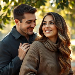 An intimate portrait of a couple, the man gently placing his hand on the woman's shoulder with a soft smile