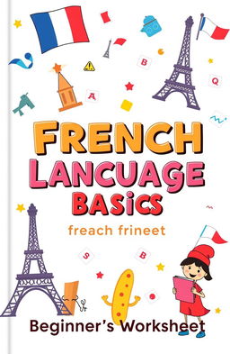 A vibrant and engaging book cover for a beginner's French language learning worksheet