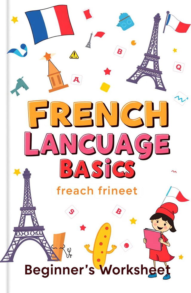 A vibrant and engaging book cover for a beginner's French language learning worksheet