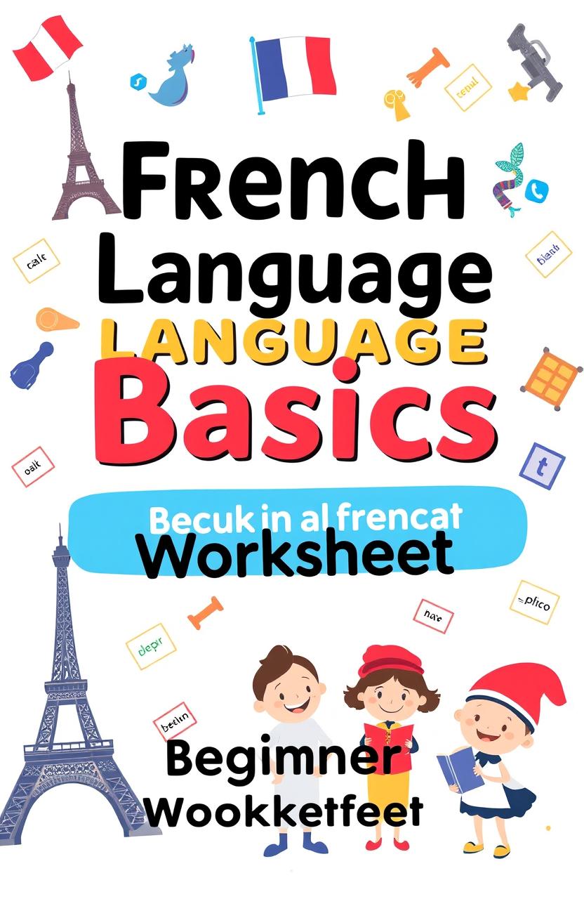 A vibrant and engaging book cover for a beginner's French language learning worksheet