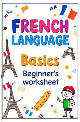 A vibrant and engaging book cover for a beginner's French language learning worksheet