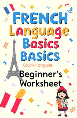 A vibrant and engaging book cover for a beginner's French language learning worksheet