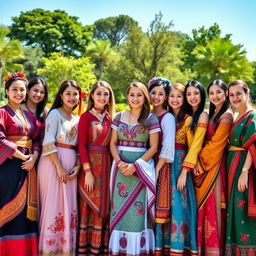 A dazzling scene featuring ten beautiful women, each dressed in intricate traditional attire from different cultures around the world