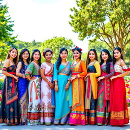A dazzling scene featuring ten beautiful women, each dressed in intricate traditional attire from different cultures around the world