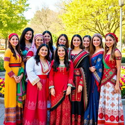 A dazzling scene featuring ten beautiful women, each dressed in intricate traditional attire from different cultures around the world