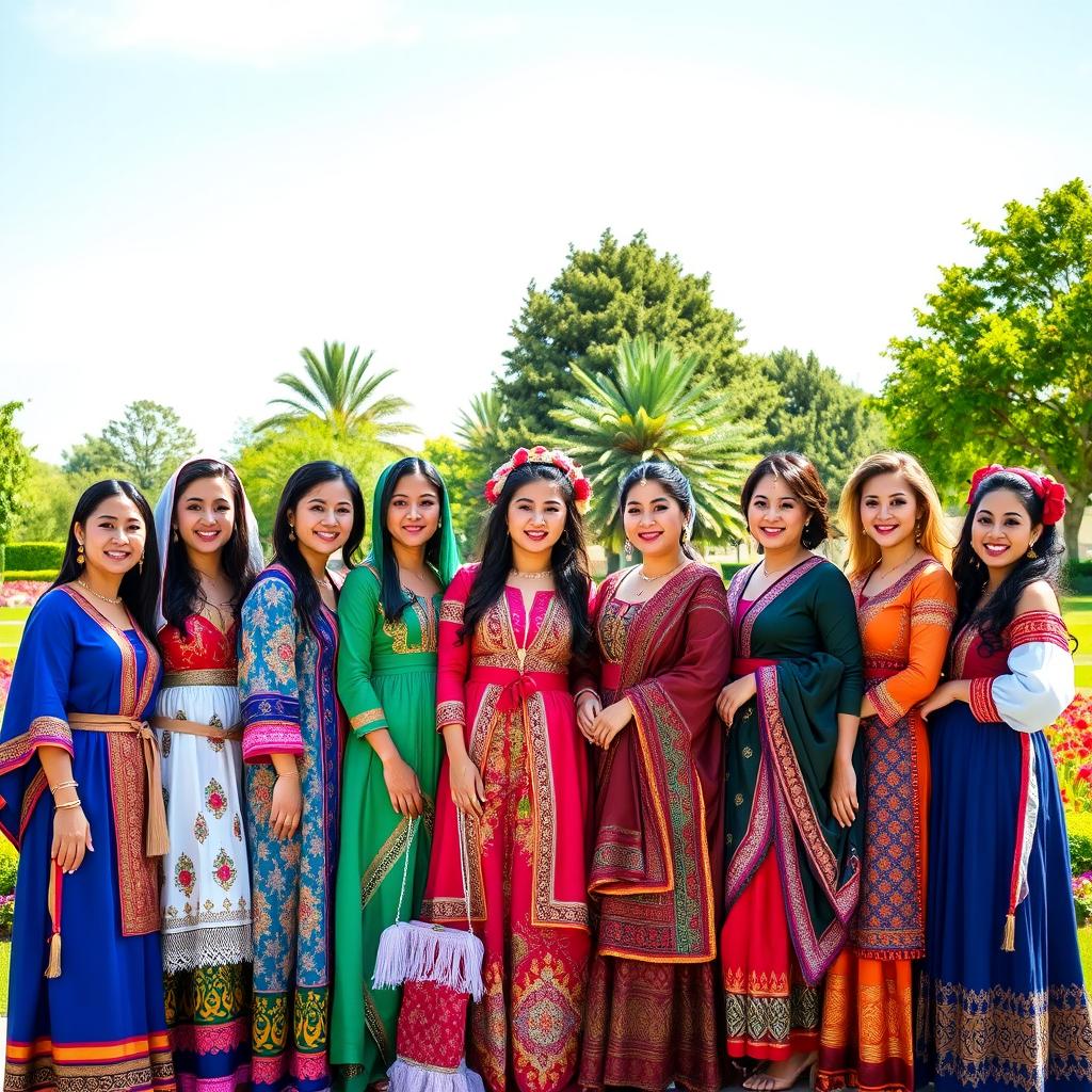 A dazzling scene featuring ten beautiful women, each dressed in intricate traditional attire from different cultures around the world