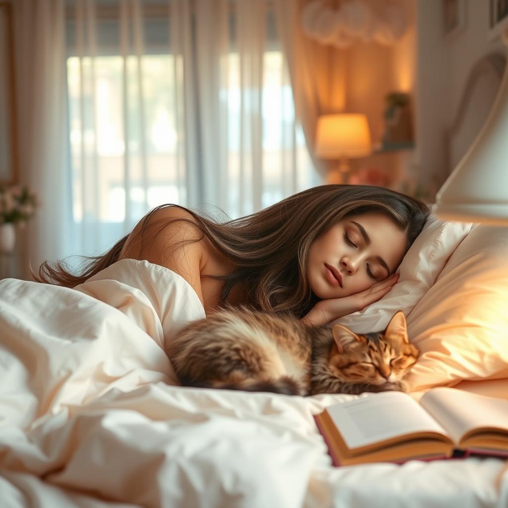 A serene scene featuring a beautiful woman peacefully sleeping in a cozy bedroom