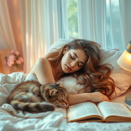 A serene scene featuring a beautiful woman peacefully sleeping in a cozy bedroom