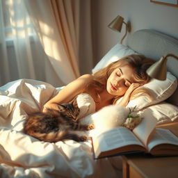 A serene scene featuring a beautiful woman peacefully sleeping in a cozy bedroom