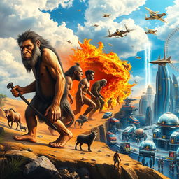 A visually striking poster illustrating the evolution of man from Neanderthal to modern human