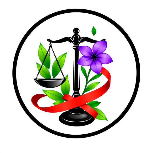 A logo design featuring a black justice scale in the center, adorned with vibrant green leaves and a purple flower elegantly intertwined with a red ribbon