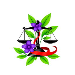 A logo design featuring a black justice scale in the center, adorned with vibrant green leaves and a purple flower elegantly intertwined with a red ribbon