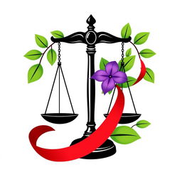 A logo design featuring a black justice scale in the center, adorned with vibrant green leaves and a purple flower elegantly intertwined with a red ribbon