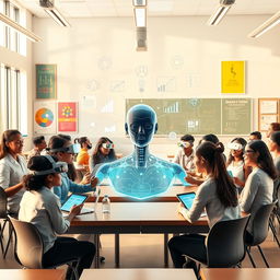 A visually striking poster depicting an AI-driven classroom environment