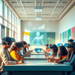 A visually striking poster depicting an AI-driven classroom environment