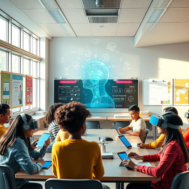 A visually striking poster depicting an AI-driven classroom environment