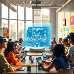 A visually striking poster depicting an AI-driven classroom environment