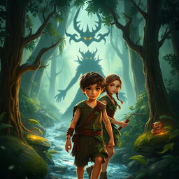 A thrilling fantasy scene depicting a young boy and his brave friend embarking on an adventure to rescue their kidnapped companion