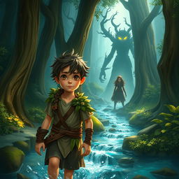 A thrilling fantasy scene depicting a young boy and his brave friend embarking on an adventure to rescue their kidnapped companion