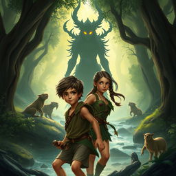 A thrilling fantasy scene depicting a young boy and his brave friend embarking on an adventure to rescue their kidnapped companion