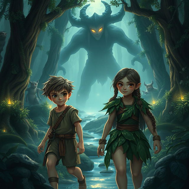 A thrilling fantasy scene depicting a young boy and his brave friend embarking on an adventure to rescue their kidnapped companion