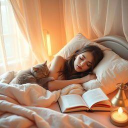 A serene and enchanting scene depicting a beautiful woman peacefully sleeping in a cozy and inviting bedroom