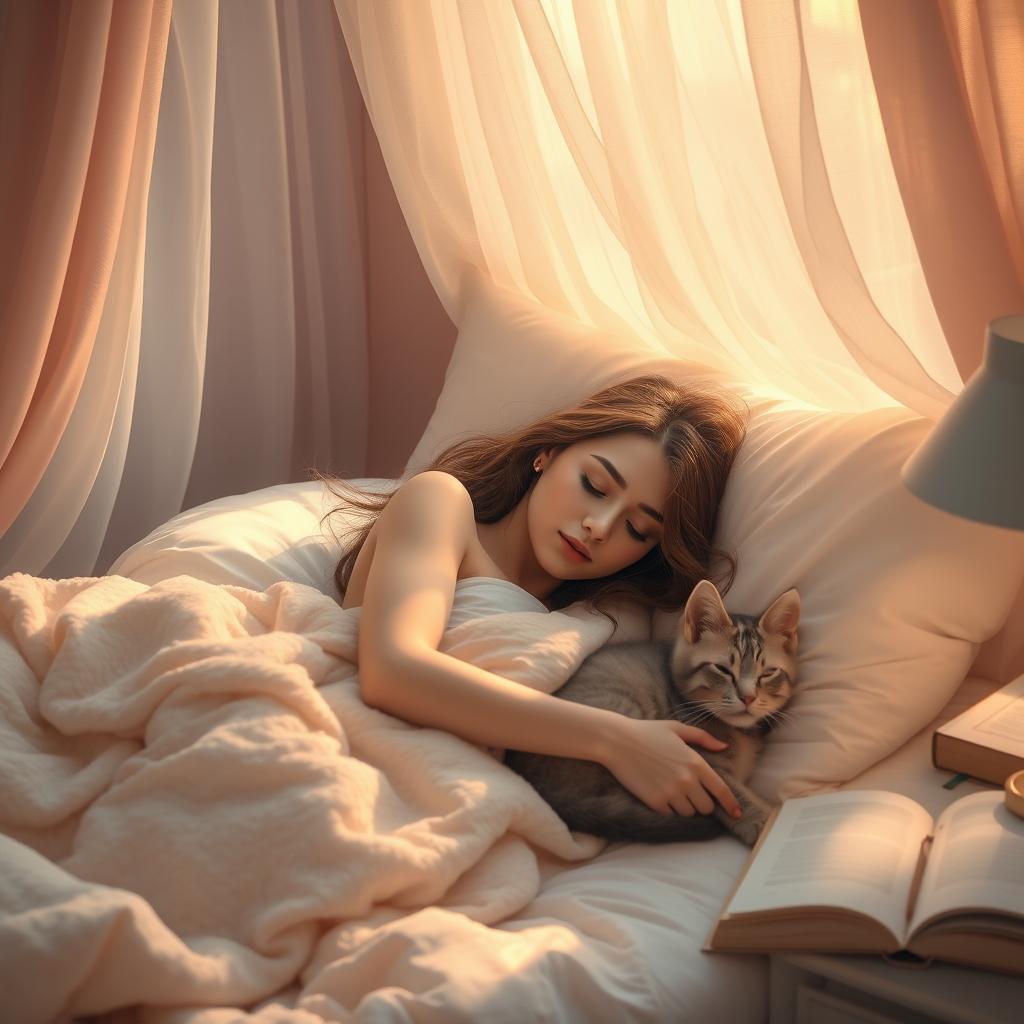 A serene and enchanting scene depicting a beautiful woman peacefully sleeping in a cozy and inviting bedroom