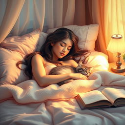 A serene and enchanting scene depicting a beautiful woman peacefully sleeping in a cozy and inviting bedroom
