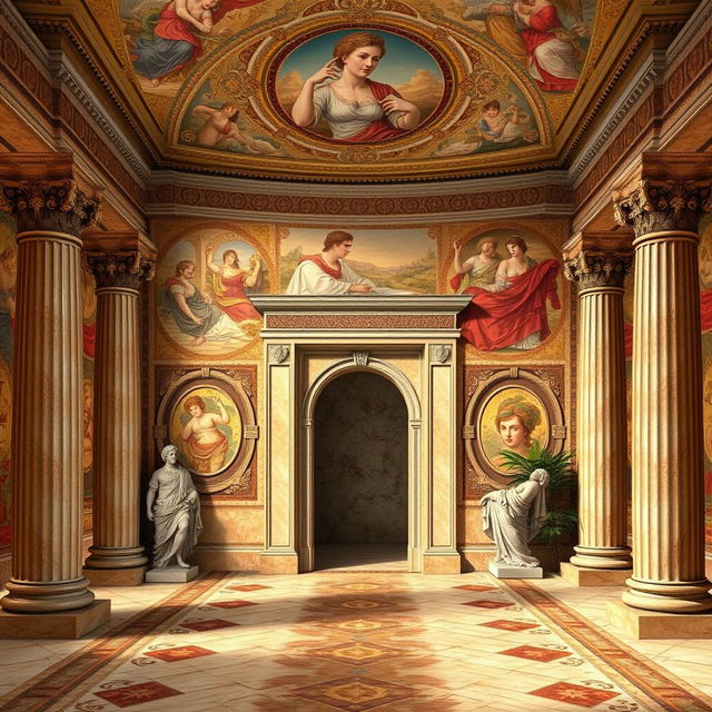 Design ideas for stunning backgrounds inspired by Old Roman art, featuring elements such as intricate mosaics, classic marble textures, and vivid frescoes depicting mythological scenes and daily life in ancient Rome