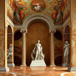Design ideas for stunning backgrounds inspired by Old Roman art, featuring elements such as intricate mosaics, classic marble textures, and vivid frescoes depicting mythological scenes and daily life in ancient Rome