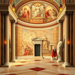 Design ideas for stunning backgrounds inspired by Old Roman art, featuring elements such as intricate mosaics, classic marble textures, and vivid frescoes depicting mythological scenes and daily life in ancient Rome