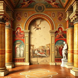 Design ideas for stunning backgrounds inspired by Old Roman art, featuring elements such as intricate mosaics, classic marble textures, and vivid frescoes depicting mythological scenes and daily life in ancient Rome