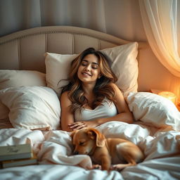 A tranquil and captivating scene of a beautiful woman soundly sleeping in a plush, inviting bedroom