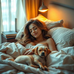 A tranquil and captivating scene of a beautiful woman soundly sleeping in a plush, inviting bedroom