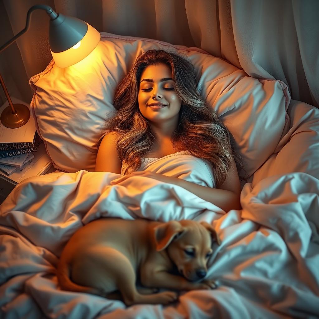A tranquil and captivating scene of a beautiful woman soundly sleeping in a plush, inviting bedroom
