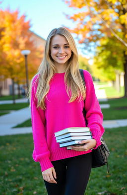 A college girl with long blonde hair wearing a cozy pink sweater that hangs elegantly off one shoulder, paired with stylish black leggings