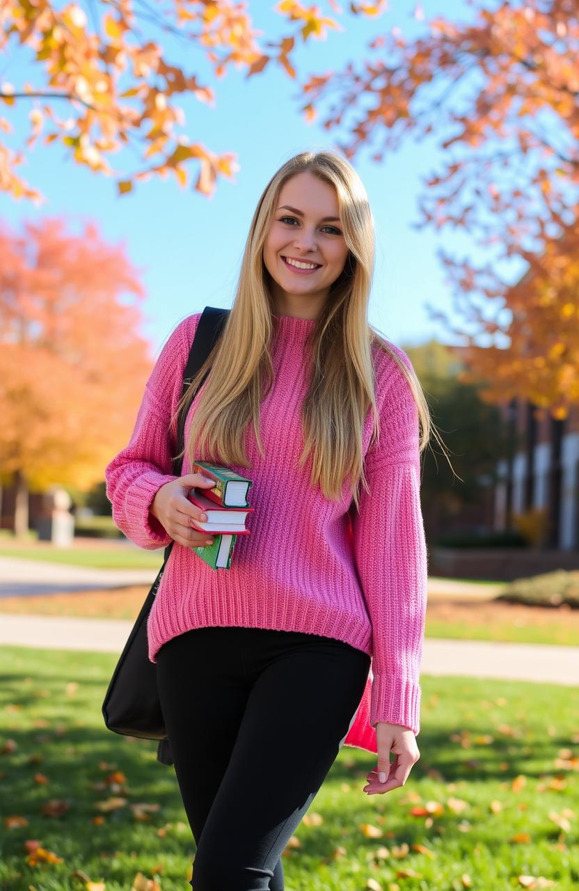 A college girl with long blonde hair wearing a cozy pink sweater that hangs elegantly off one shoulder, paired with stylish black leggings