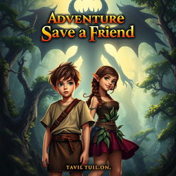 A captivating book cover design featuring a young boy and his courageous friend, set against a mesmerizing fantasy backdrop