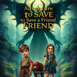 A captivating book cover design featuring a young boy and his courageous friend, set against a mesmerizing fantasy backdrop